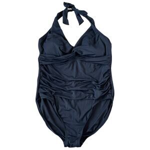 Liz Claiborne One Piece Swimsuit Tummy Panel Underwire Black Halter